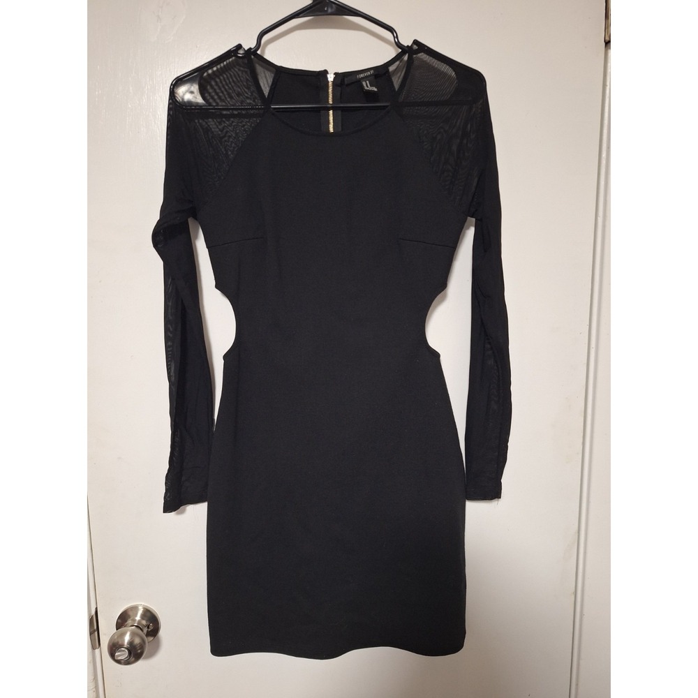 Forever 21 Black Sheer Mesh Long Sleeve Cutout Bodycon Mini Dress Women Size M